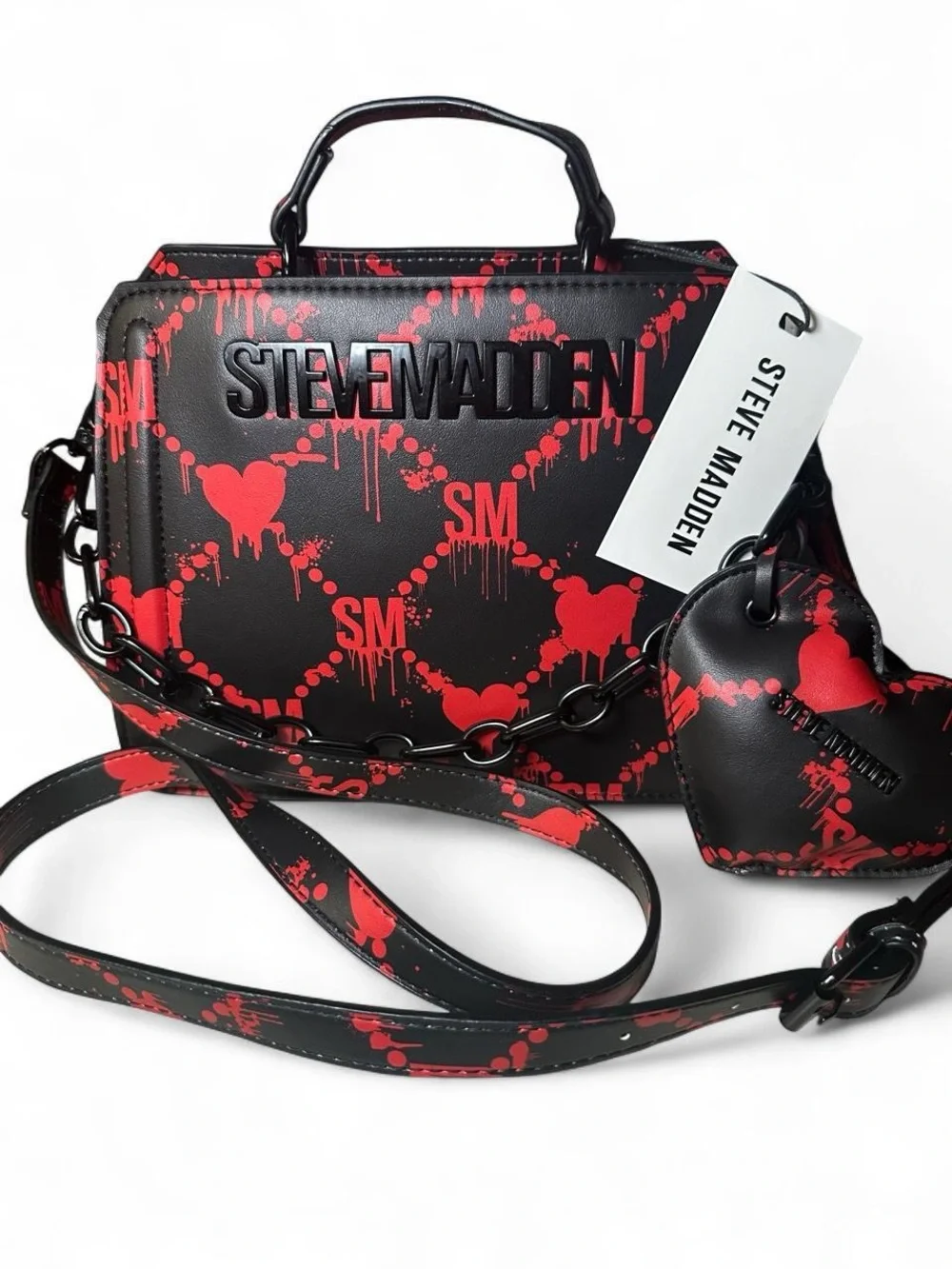 Steve Madden Black & Red Bleeding Hearts Bevlyn Satchel, Halloween Edition